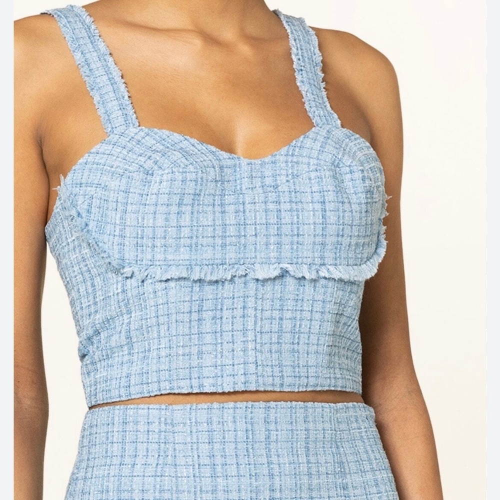 Guess Blue Metallic Tweed Fringed Emily Sleeveless Sweetheart Crop Top M